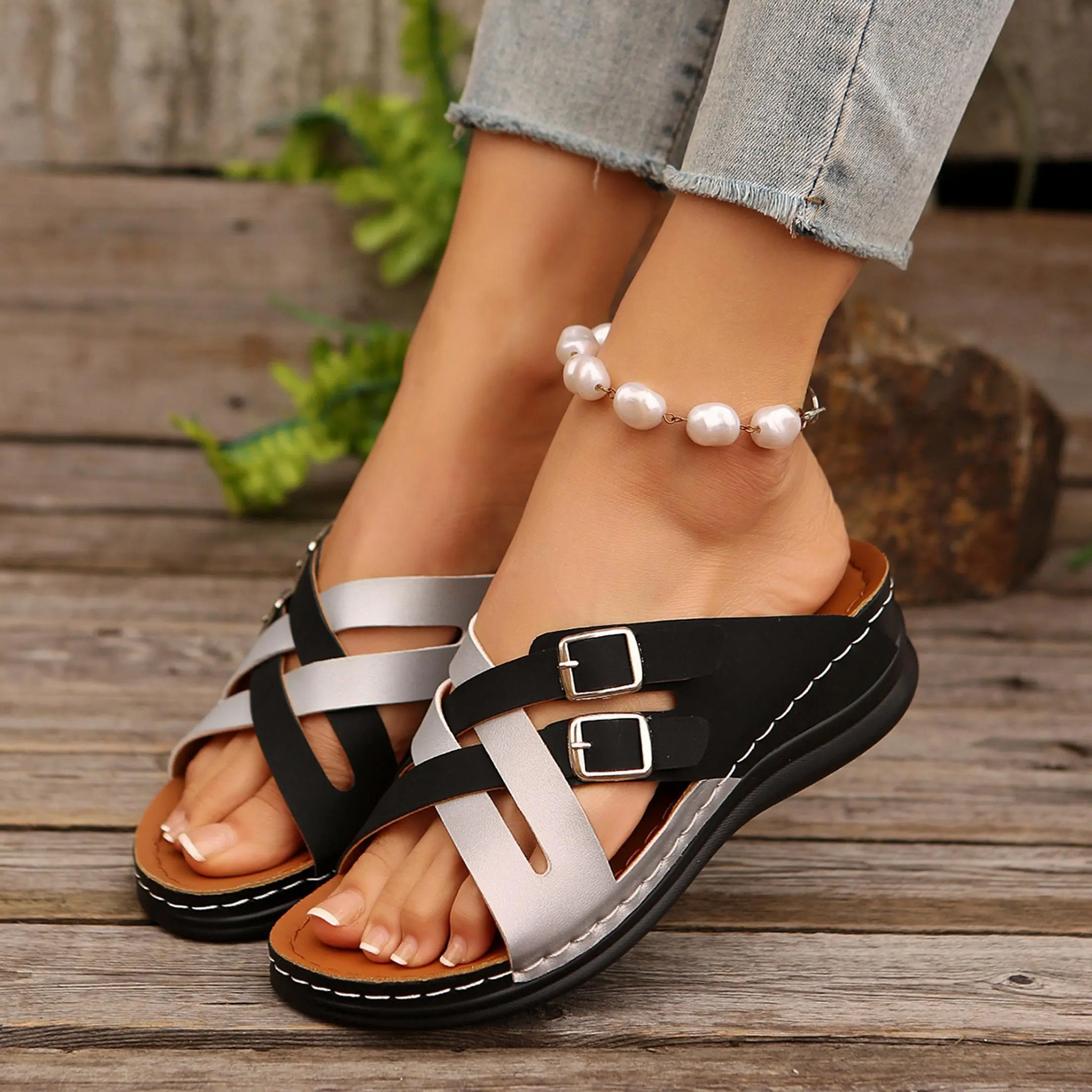 Women's Open Toe Double Buckle Wedge Sandals Criss Cross Platform Slippers