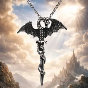 The Armored Kingdom Dragonlord Silver Blade Chain Link Necklace, 316L Stainless Steel, High-Polish 45mm Dragon-Wrapped Pendant, 60cm Long Chain, Daily Fantasy Costume Jewelry for Leaders, Chain Link Necklaces