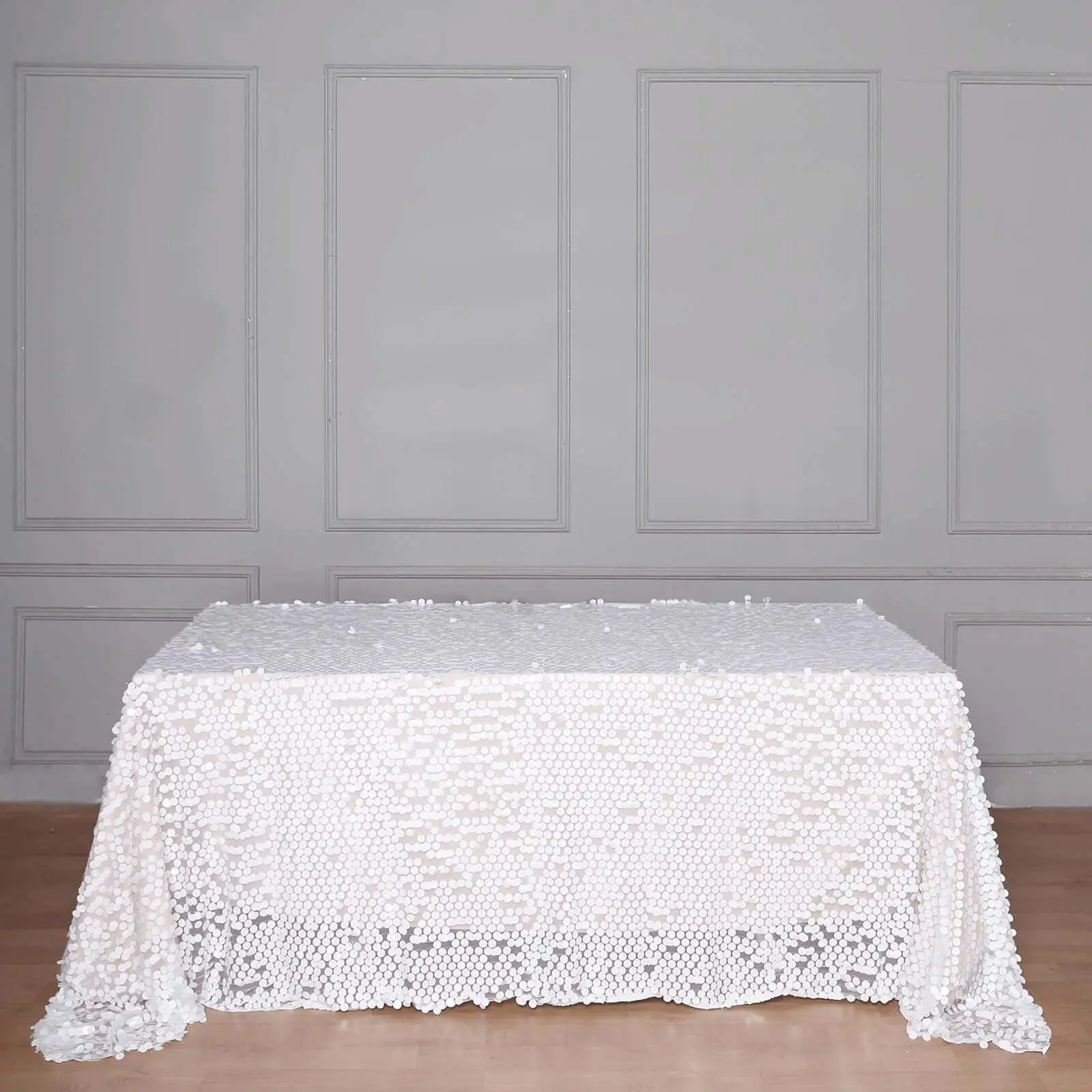 White Sequin Rectangle Tablecloth - 90"x132" Big Payette Design Seamless Glitter Household Textile for Weddings, Graduation Party Decor, Party Decoration Supplies
