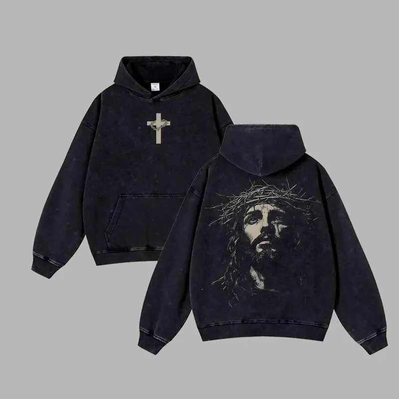 Jesus Crown of Thorns Washed Hoodie, Christian Apparel Streetwear, Oversized Menswear And Women Menswear Tops, Gym Pump Cover
