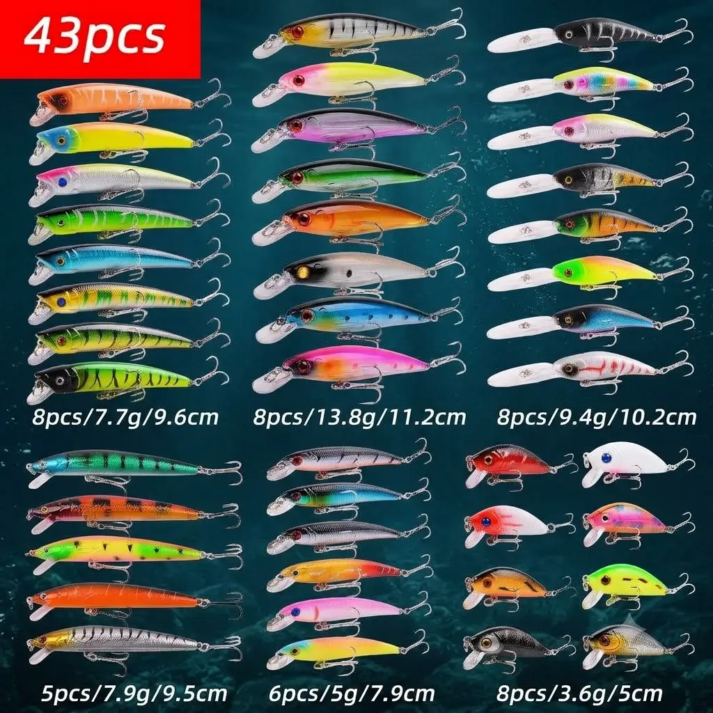 Fishing Lures Kit, Mixed Minnow, Popper & Crankbait Lures with Hooks for Freshwater & Saltwater Fishing, Trout, Bass & Salmon