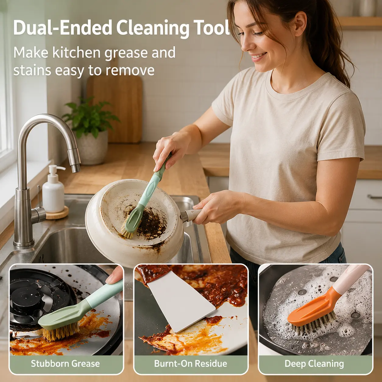 1 Count 2-in-1 Dual Head Cleaning Scraper, Stainless Steel Scraper and Dense Bristle Brush, Detachable Design for Kitchen Stove Cookware Grease Hard Dirt Cleaning