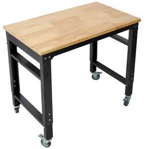 35-60" Wide Rolling Workbench for Garage Adjustable Height Workshop Tool Bench Metal with Rubber Wood Top Black Portable Sturdy Versatile Easy to Move Durable Stable Premium Material