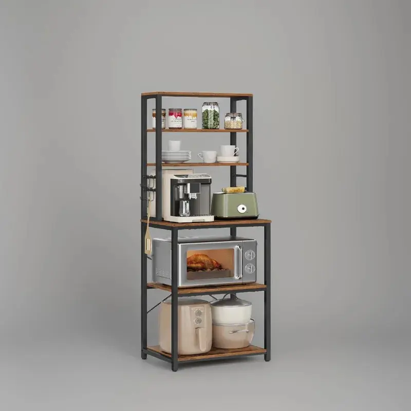 Coffee Bar, 6-Tier Kitchen Shelves with 6 Hooks, Baker’s Rack for Kitchen, Microwave Stand, Industrial