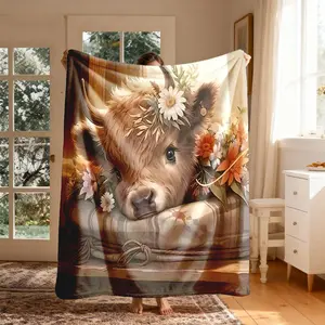 Highland Cow Floral Flannel Blanket, Large Size, Soft and Lightweight, Perfect for All Seasons, Ideal for Bed, Sofa, Office, Camping, Travel