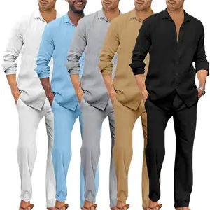 Men’s two-piece linen set, drawstring pants, button-up long-sleeve shirt, casual beach wedding fashion suit, men’s clothing