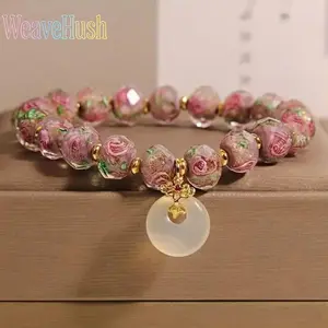 2026 Luxury Handcrafted Glass Bead Bracelet for Women with Peace Knot & Rose Flower Charms, Elegant Symbolic Fashion Jewelry with Delicate Detailing, Versatile Stylish Accessory Perfect for Casual Daily Outfits, Formal Events, Dates, Anniversaries & Meani