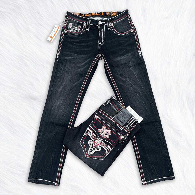 Rock Revival Black Straight Leg Jeans for Men – Western Cowboy Style Denim – Heavy Stitch Embroidered Back Pocket – Y2K Streetwear Jeans – Premium Dark Wash