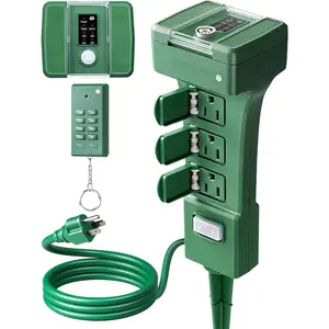 Outdoor Power Stake Timer , 100FT Range Remote Control Outlet Timer, 6 Grounded Outlets 6FT Cord, Photocell Dusk to , for Lights, Garden, 1875W/15A UL Listed