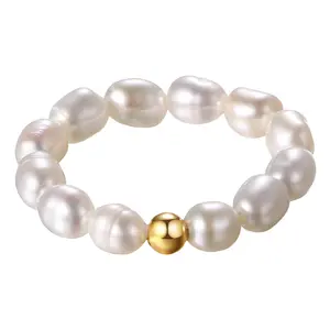 OIDEA Baroque Shell Pearl Elastic Stacking Ring for Women, Adjustable Imitation Pearl Bead Band, Pearl Rings, Shell Pearl Rings