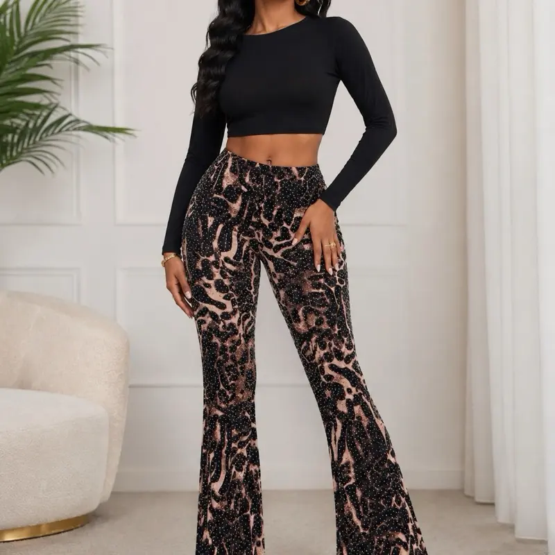Women’s High-Waist Leopard Print Glitter Flare Leg Pants - Stretch Slim-Fit Bell Bottom Trousers