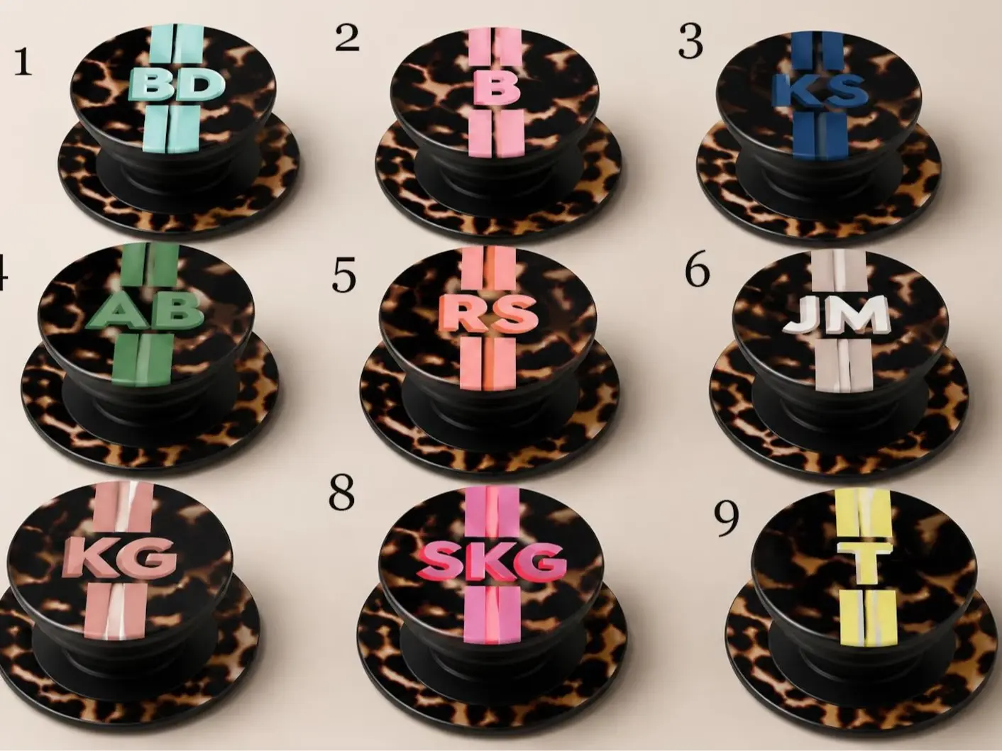Personalized Tortoiseshell Phone Grip Pop Socket Custom Initials Phone Stand Leopard Print Phone Holder Neutral Aesthetic Mobile Accessory Gift for Women Men