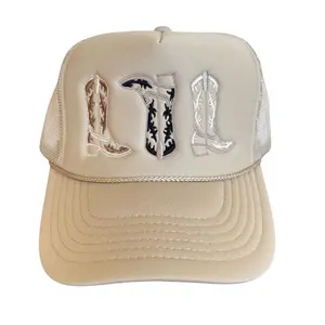 Meaghan Tan Trucker Hat with 3 Embroidered Cowboy Boots Baseball Cap Adjustable Breathable Mesh Back One Size Fits Most