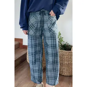 Lainey Plaid Cotton Barrel Pants Navy Plaid Design High Waistline Drawstring Waistband Oversized Pockets True to Size Fit