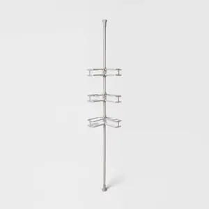 Threshold Standing Adjustable Shower Organizer, Aluminum Tension Pole Bathroom Accessory with Plastic Shelves, Bathroom Corner Shelf