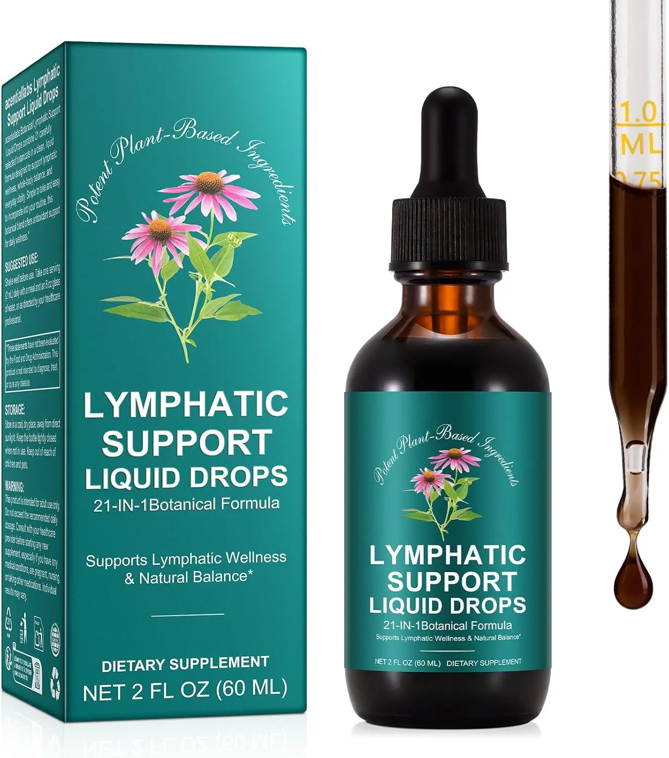 Lymphatic Drainage Drops, 21-in-1 Organic Lymphatic Drainage Supplement with Dandelion Extract, Zine, Burdock Extract,for Lymph System Support, Cleanse | Gluten-Free, 60ml