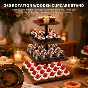 4 Tier Cupcake Stand for 50 Cupcakes,360 Rotatable Wooden Cake Dessert Tower Holder,Rustic Square Tiered Tray Serving Display for Wedding Birthday Baby Shower Tea Party