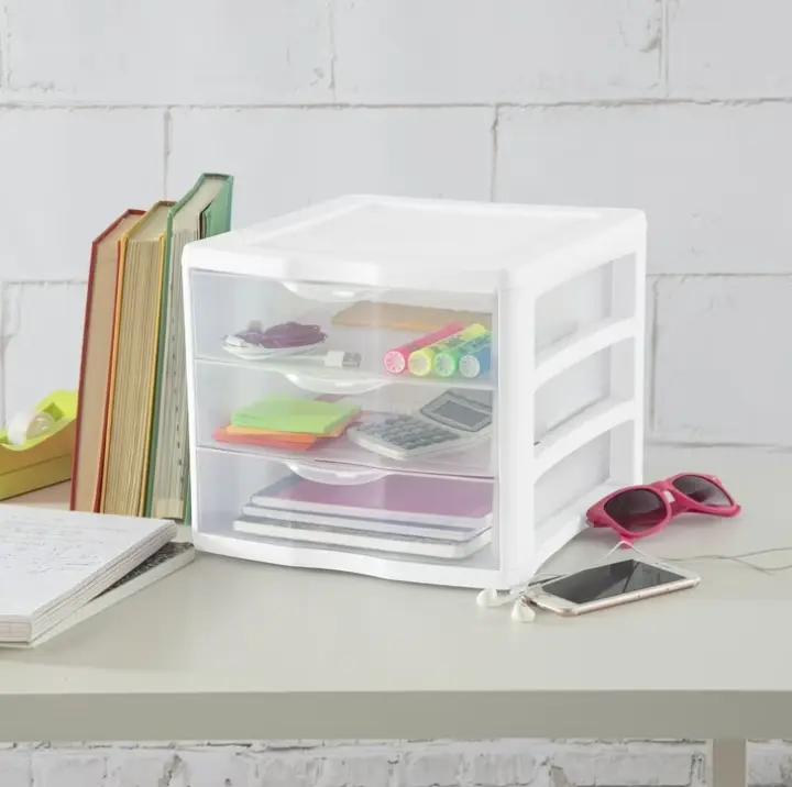 White 11" W x 9½" H x 13½" D Storage Drawer Organizer with 3 Transparent Compartments for Home Office