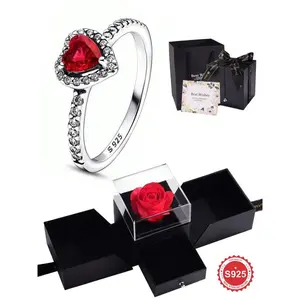 S925 Sterling Silver Fashion Heart Shaped Zircon Ring, Eternal Promise Engagement Wedding Ring, Ladies Fine Jewelry Holiday Anniversary Birthday Gift with Rose Flower Gift Box