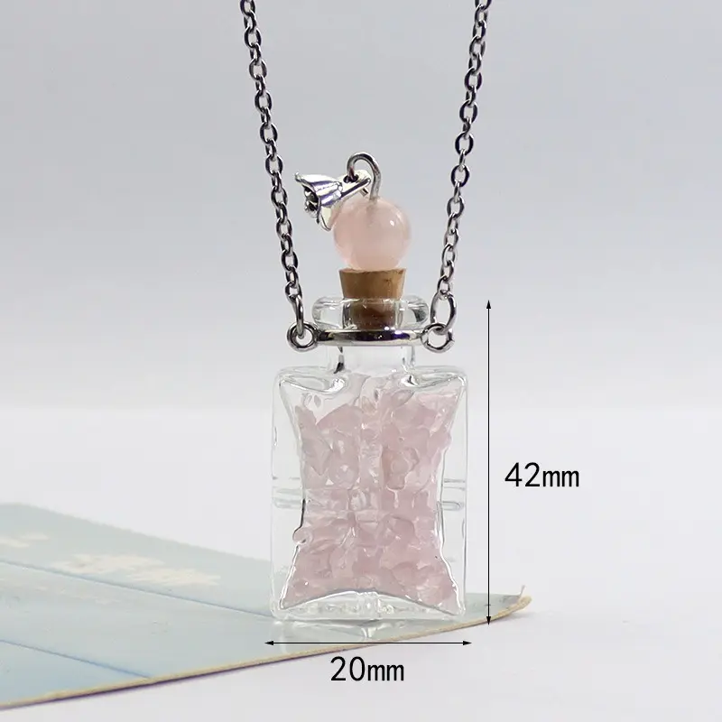 Pink crystal square bottle glass necklac