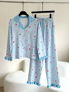 Women's Striped Galaxy Print Sleepwear Set, Casual Fitted Pajamas with Button-Up Top & Elastic Pants, Fall Winter Home Wear