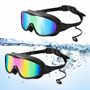 2 Pack Kids Swim Goggles for Ages 3-15, UV Protection Anti-Fog Wide View Waterproof Adjustable Goggles with Earplugs for Boys and Girls, Swimming Goggles for Outdoor, Lake, Beach water