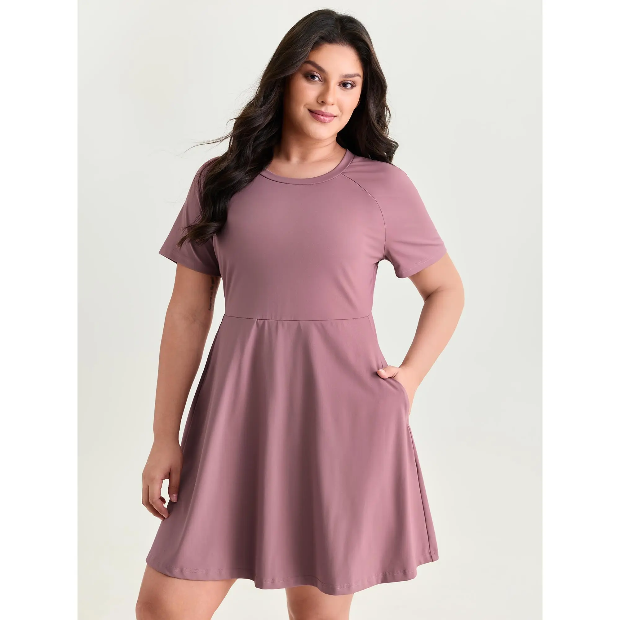 BloomChic Plus Size Tummy Flattering Solid Dress for Women, Casual Knee Length Garment with Short Regular Sleeves and Pockets, Low Iron Polyester Spandex Fabric, Casual Wear, Plus Size Clothes, Women's Clothes, Plus Size Tummy Flattering Clothes