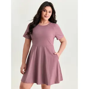 BloomChic Lady's Plus Size Short-Sleeve Casual Dress - Minimalist Spandex-Polyester Garment, Flattering Slimming Fit, Neutral Basic Casual Wear, Pocket Design, Summer Spotlight Deal