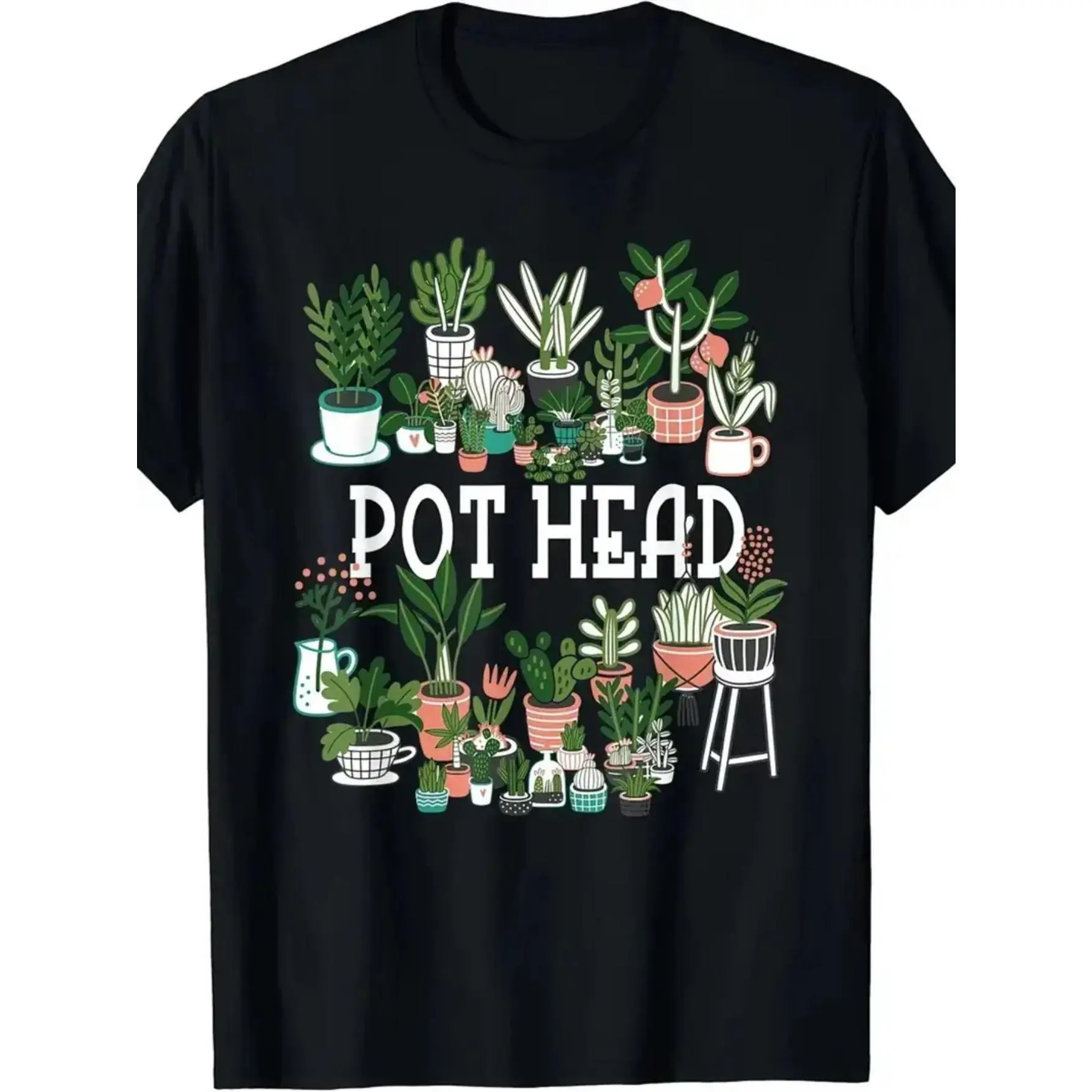 Men's Vintage Pot Head Print Tshirt - Stylish Crew Neck Top, Funny All-Season Gift for Plant Lovers, Regular Fit, Streetwear, Menswear, Casual Wear, Shortsleeve, Breathable, Round Neck, Tee, T-Shirt, Soft, Cotton, Layer