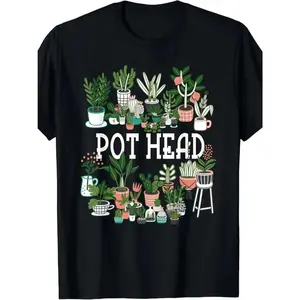 Pot Head Graphic T-Shirt - 100% Cotton Regular Fit Short Sleeve Tee with Colorful Potted Plants Design, Unisex Casual Shirt for Men & Women, Funny Gift for Plant Lovers, All-Season Comfort Stretch Fabric, Playful Design, Comfortable Material, Humor Lovers