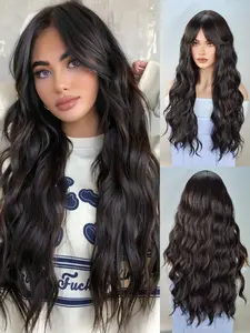 Long Curly Wigs for Women, Glueless Wigs Ready To Wear, Gorgeous Fluffy Wigs with Bangs, Synthetic Full Machine Wigs for Party, Daily Use, Stylist Friendly Wig