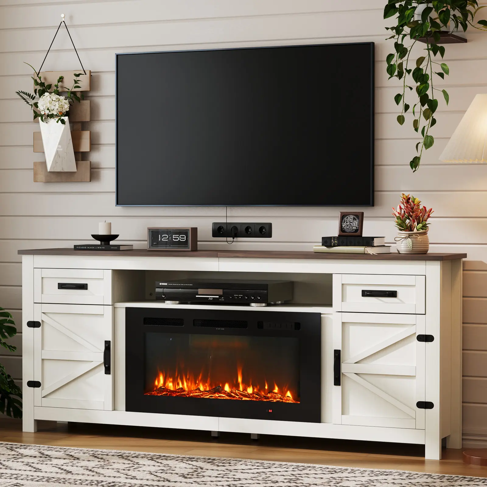 【2/3 Packages Shipping】70"/80"Fireplace TV Stand with Barn Door for TVs up to 80"/90", Farmhouse 36" Fireplace Entertainment Center with Storage Cabinets, White TV Stand and Black, Farmhouse Tv Stands, Wood Tv Console Drawer,dorm essentials,home decor