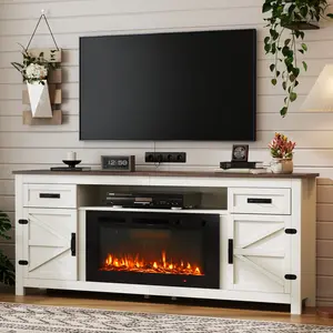 【 Ships 2/3 Packages】70“/80‘Fireplace TV Stand with Barn Door for TVs up to 80", Farmhouse 70" Fireplace Entertainment Center with Storage Cabinets, White TV Stand and Black, Tv Shelf, Farmhouse Tv Stands Tv Console Table Wood Tv Console