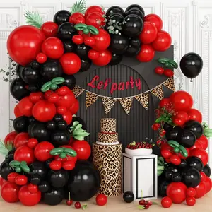 Red and Black Cherry Balloon Garland Arch Kit, Red Black Green Long Foil Cheetah Print Balloons for Girls Birthday Baby Shower Wedding Bridal Valentine's Day Bachelorette Party Decorations