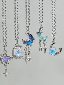 Elegant Romantic Star Moon Necklace Set, Stars Pendant, Moon Pendant, Gradient Color Pendants, Adjustable Pendant Necklaces, Jewelry Set