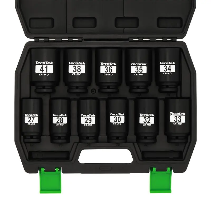 1/2" Drive Deep 6-Point Impact Socket Set, 11-Piece Deep Metric Spindle Axle Nut Impact Socket Set, Cr-Mo, 27mm - 41mm