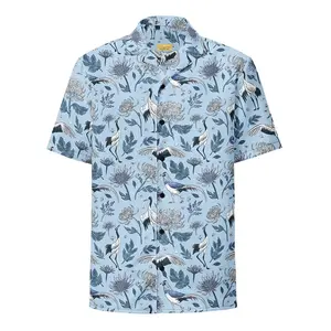 Cranes and Chrysanthemums Button Up Unisex Oversized Hawaiian Shirt Casual Woven Polyester Fabric Unique Funny Gift Idea