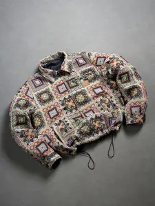 Men's Vintage Geometric Jacquard Work Shirt Jacket, Double Button Front, Collar Neck, Two Pockets, All Seasons