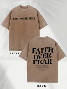 Men'S Vintage Washed T-Shirt with "Faith Over Fear" Inspirational Bible Verse Print (Psalm 27:1) - Distressed Brown & Black Graphic Tee, Soft Breathable Fabric, Relaxed Fit Round Neck Casual Shirt for Casual At
