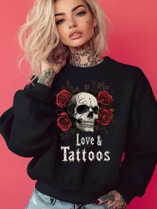 Love and Tattoos Sweatshirt Classic Black Crew Neck for Men and Women, Soft and Cozy Pullover Top with Tattoo Design