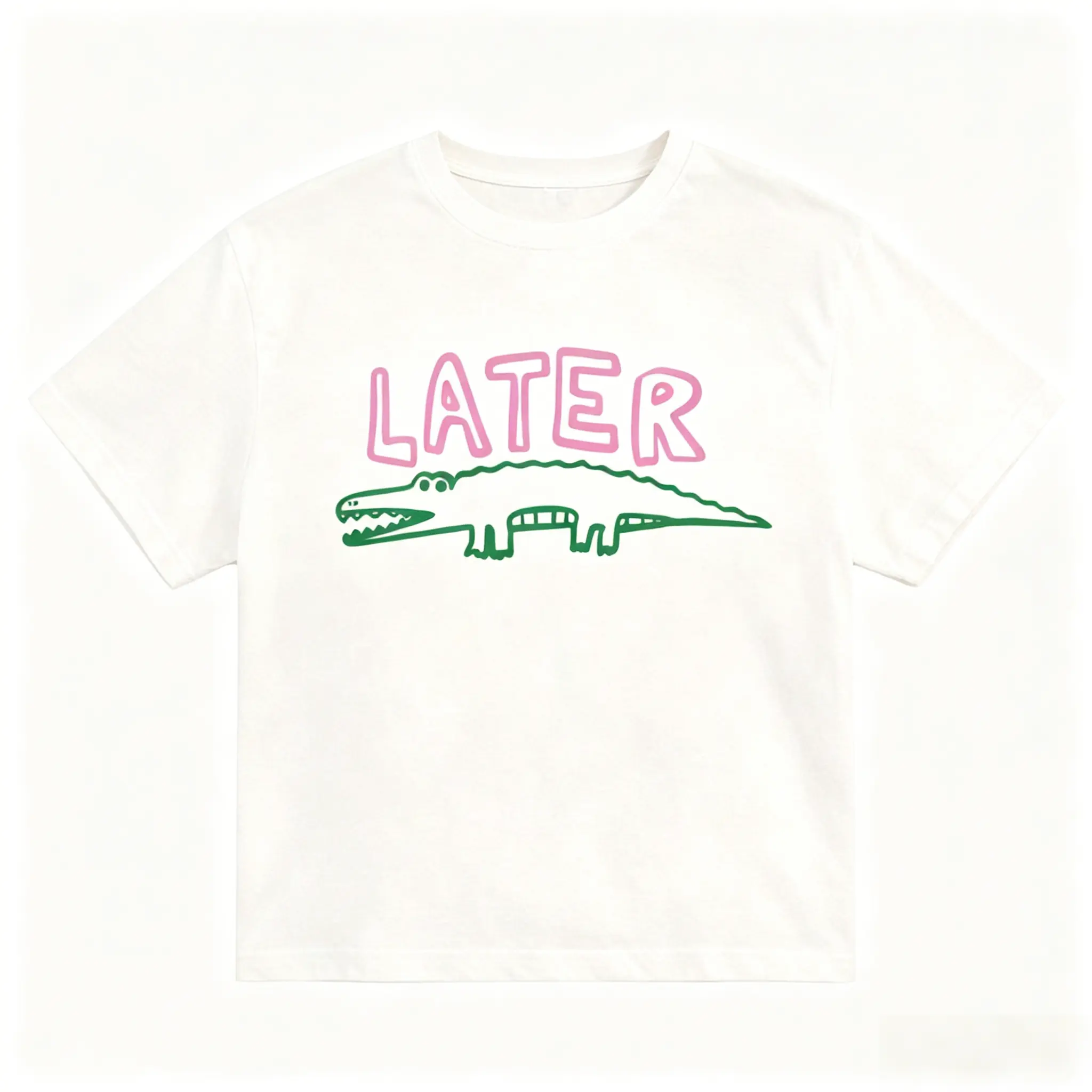 Crocodile Graphic Tee In White & Pink - Lightweight Everyday Shirt For Women - Machine Washable Casual Top, Allseason Apparel, Playful Graphic Shirt, Comfortable Fit ShirtBreathable All-Season Round Neck Printed T-Shir