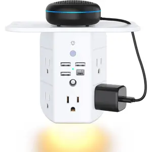 3-Sided Multi Plug Power Strip, Wall Extender with Shelf, Night Light & Surge Protector, USB Wall Charger with 5 AC Wide Space Outlets and 3 USB & 1 C Port, White