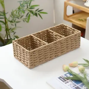 Handwoven 3-Compartment Storage Basket, Paper Rope Organizer, Multifunctional Toilet Tank Top Tissue Holder, Bathroom Cosmetic Storage Bin, Autumn Home Decor for Room Organization
