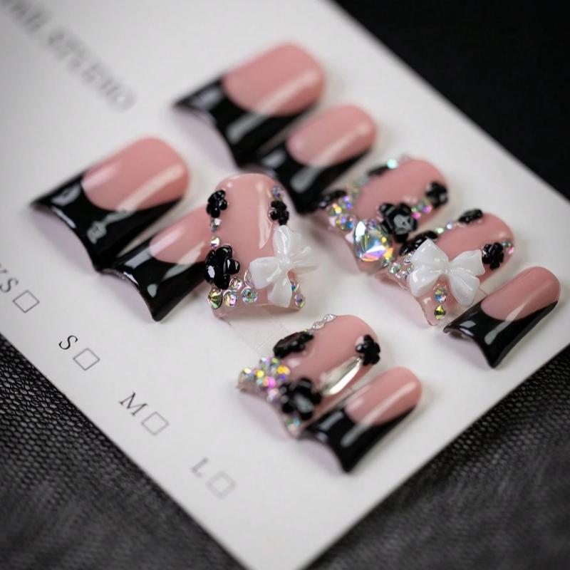 10pcs Y2K Style White Bow Short Duck Nails, Handmade Black Edged French Press-On Nails With Bow, Flower, And Rhinestone Accents, Rhinestone Bow Decorated In Indie Aesthetic, For Daily, School, Or Office, Great Gift For Women And Girls