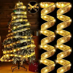 LED Christmas Tree Ribbon Lights - 32.8-in Golden Sparkling Wave-Shape, Polyester & Durable Plastic with Glitter Accents, Battery-Powered, Santa-Themed Festive Indoor Decor for Xmas Home, Boho Outfits Party Supplies
