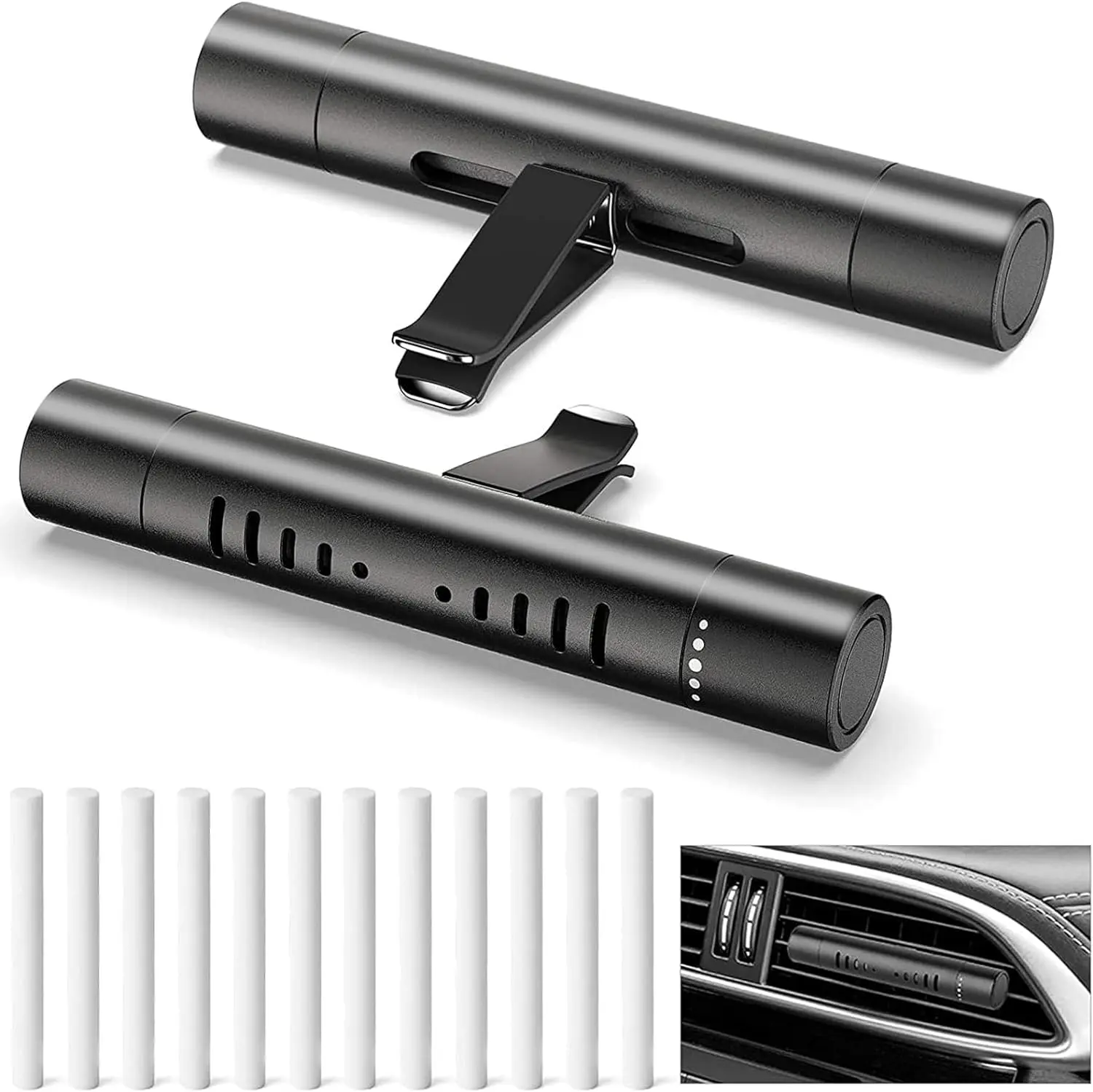 2 Pack Custom Refillable Cylindrical Car Air Freshener Vent Clips (HC038) - Includes 12 Refill Sticks, Fragrance-Free, No Essential Oils for Cars/Offices, Small Spaces