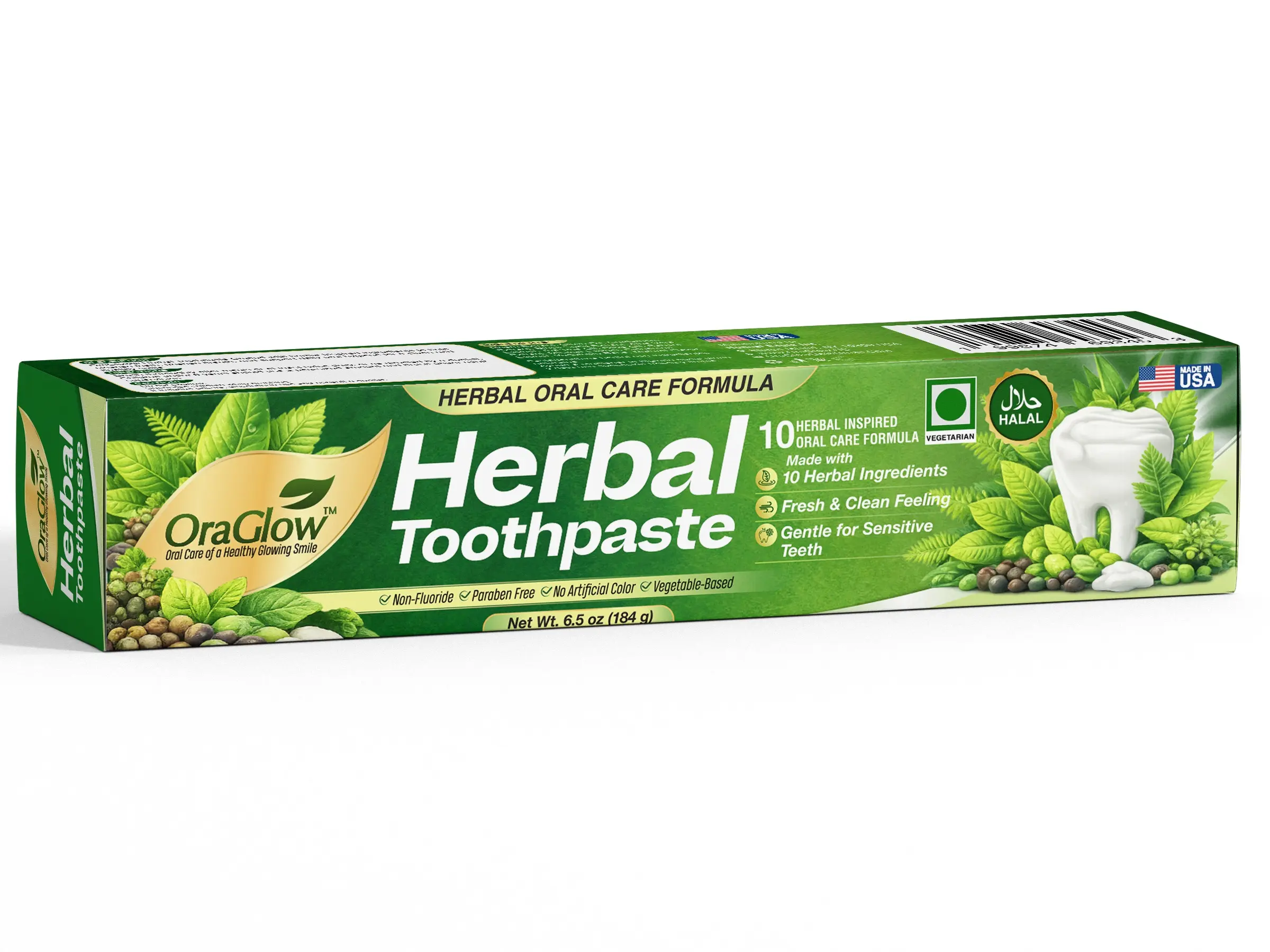 OraGlow 10-in-1 Herbal Toothpaste – Fresh Breath & Deep Clean | Fluoride & Paraben Free | Halal | Vegetable Base | Made in USA | 184g / 6.5 oz