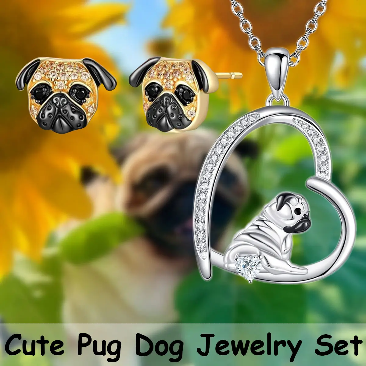 Vintage Pug Dog Jewelry Set, 3-Piece Heart-Shape Alloy Necklace & Daily Wear Earrings for Women, Cute Pet Lover Gift, Friend, Animals, Heart Pendant, Anniversary, Christmas, Adorable Vintage Heart-Shape