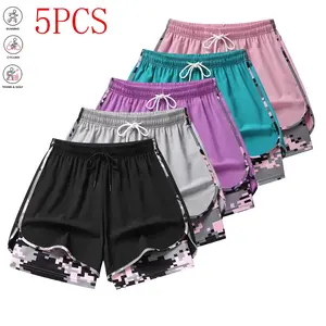 Pack of 5 two-in-one athletic shorts with a digital camouflage lining; quick-drying double-layer gym shorts suitable for training, running, and bodybuilding.