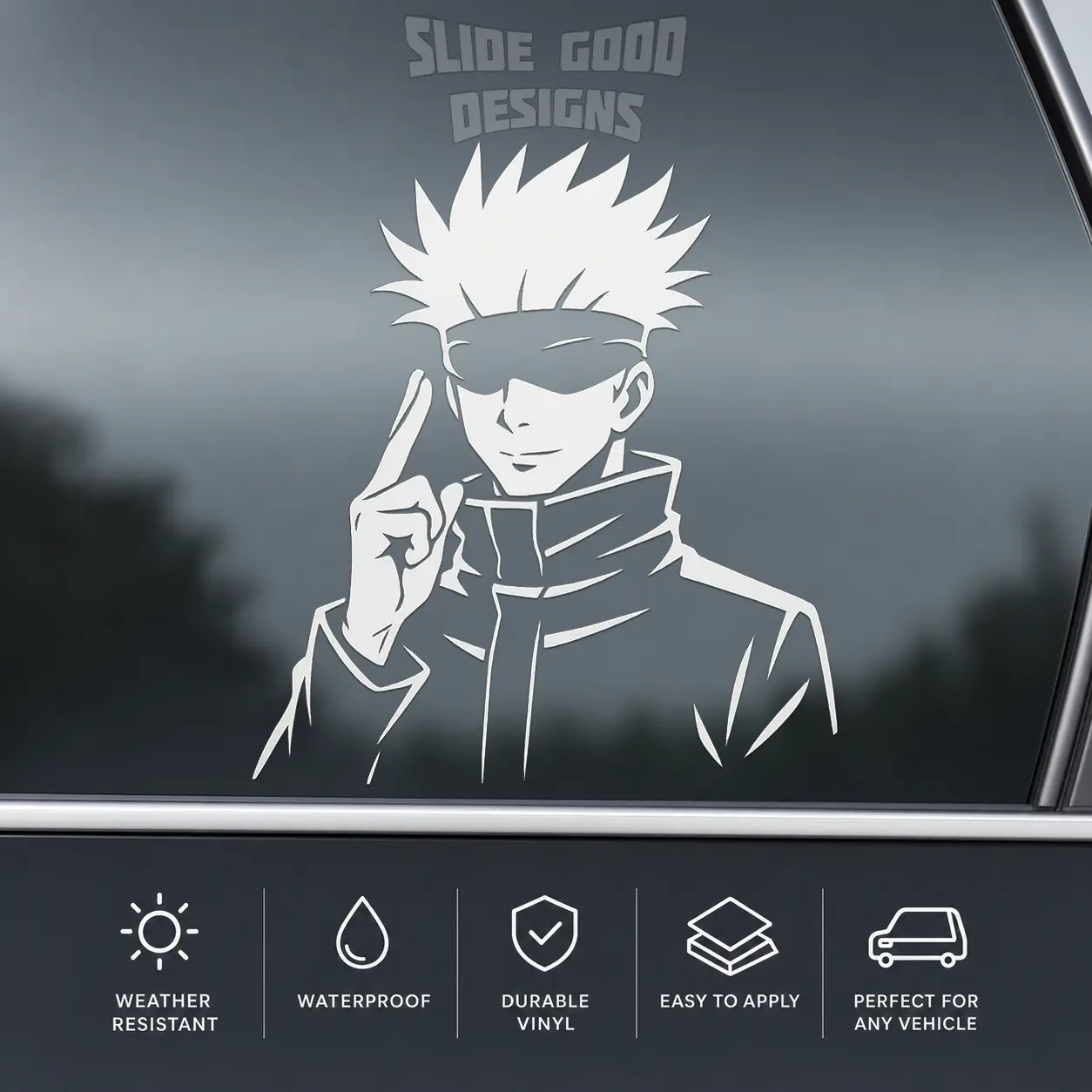 Satoru Gojo Vehicle Vinyl Decal – JJK Anime Car Window Sticker | All-White Vinyl